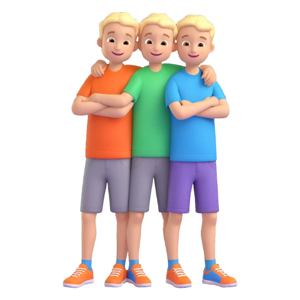 Two cartoon-style 2 boys with similar features, arms around each other's shoulders, smiling, matching outfits, standing close, white background, emoji style sticker