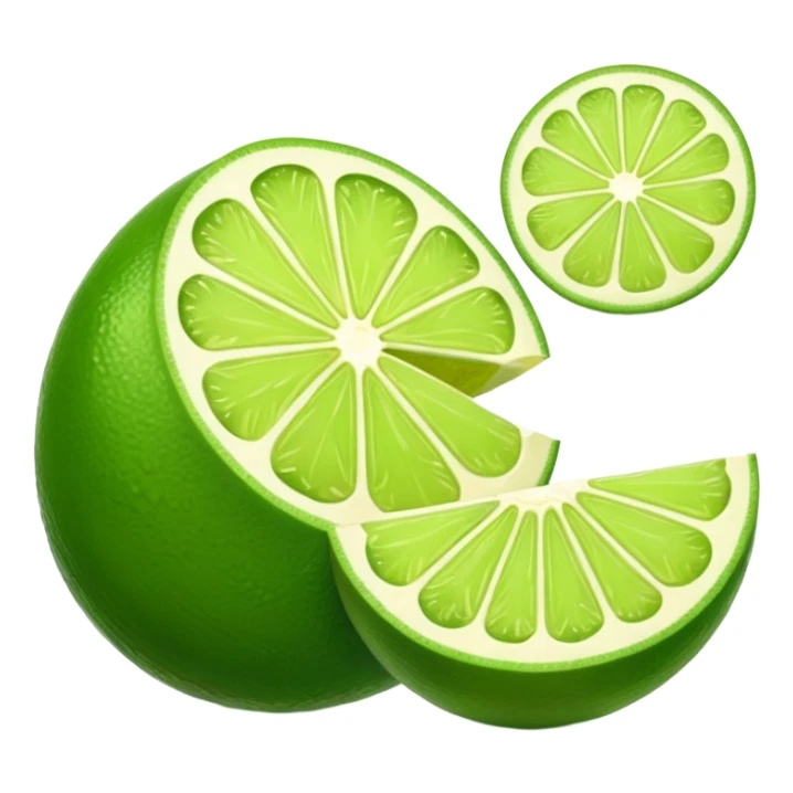 whole lime glossy green skin oval dimpled wedge cross-section beside showing pale green juicy interior radial segments no extras soft lighting emoji scale sticker