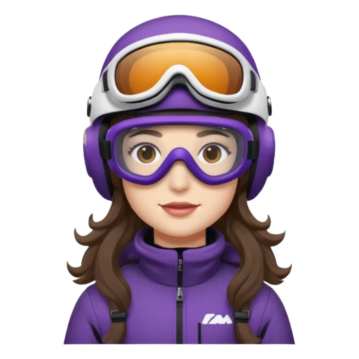 I’m sitting on snowmobile goggles and helmet not covering my face brown eyes long wavy hair white skin dark purple change snowmobile color to dark purple and white not yellow Snowmobile helmet and goggles, not on my face pants black no glasses on my face sticker