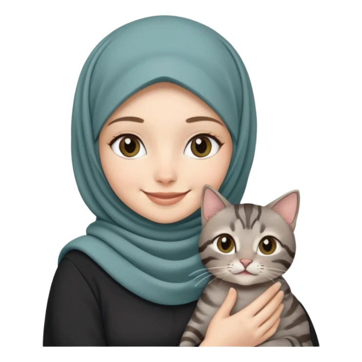 White girl wearing hijab smiling while holding a black grey tabby cat sticker