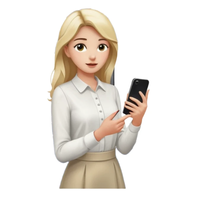 a young woman standing inside a modern train carriage. one hand is holding a vertical pole with one hand while looking at her smartphone in the other. sticker