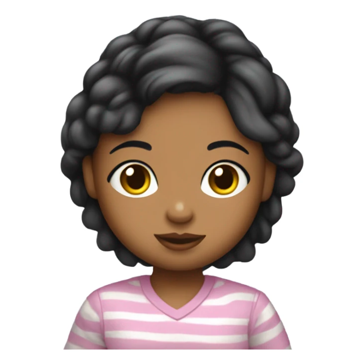 Chica con cabello negro y rayas blancas con un bebé sticker