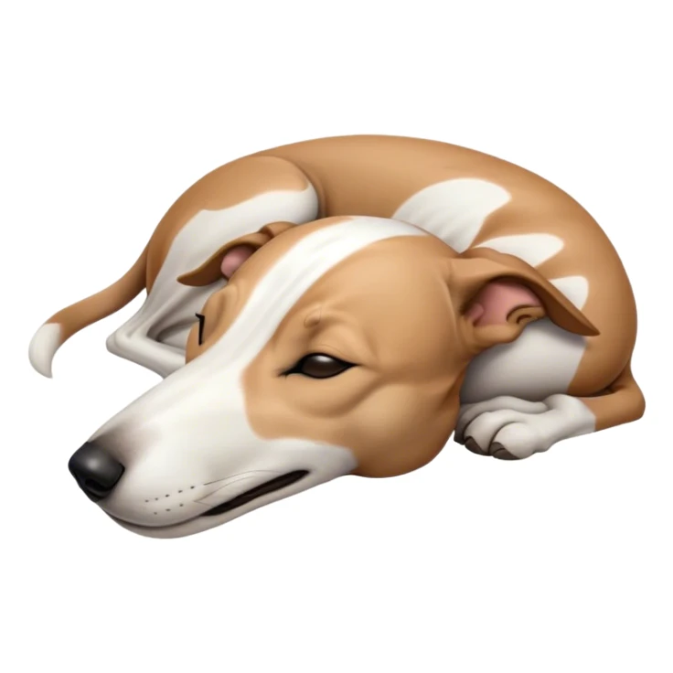 Meme-Worthy Cute Sleeping White and Brown Greyhound Portrait Emoji, Head resting peacefully with a contented smile, showcasing a lean, graceful build and a luxuriously smooth Fur of white with brown accents, eyes shut in a serene nap, Simplified yet hilariously adorable features, highly detailed, glowing with a soft, drowsy light, high shine, relaxed and utterly lovable, stylized with an air of playful laziness, bright and heartwarming, soft glowing outline, capturing the essence of a comically sleepy racer, so meme-worthy it feels like it could instantly become the next viral sensation of adorable slumber! sticker