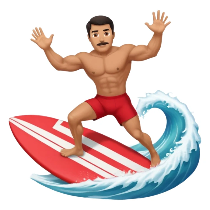 50 year old, muscular, dark haired, tan, red shorts man riding a big wave sticker