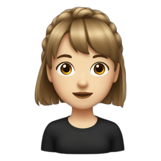 girl with bangs, pony tail brown hair, black shirt sticker