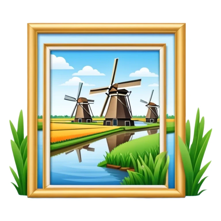 Cinematic Realistic Kinderdijk Windmills Landmark Emoji, showcasing traditional Dutch windmills aligned along a tranquil canal, with lush green fields, soft ripples in the water. sticker