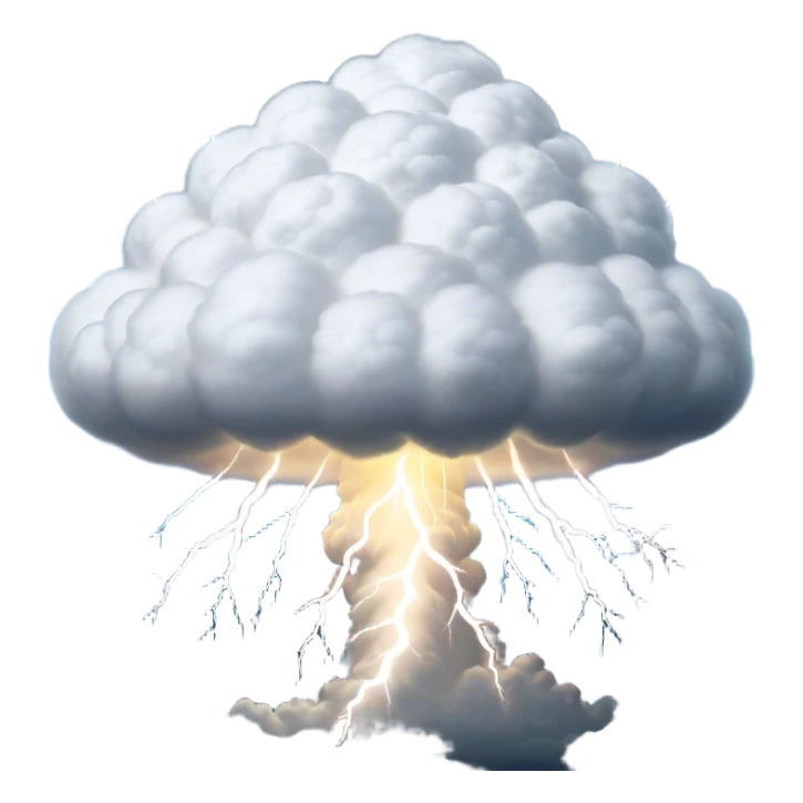 Cinematic Realistic Cumulonimbus Emoji, Towering and imposing, with dark, dramatic clouds reaching up into the sky in a billowing formation. Lightning flickers within, and the atmosphere is charged with energy, signaling a powerful storm ahead. Soft glowing outline, capturing the essence of raw power, intensity, and nature’s fury in a mighty cumulonimbus cloud! sticker
