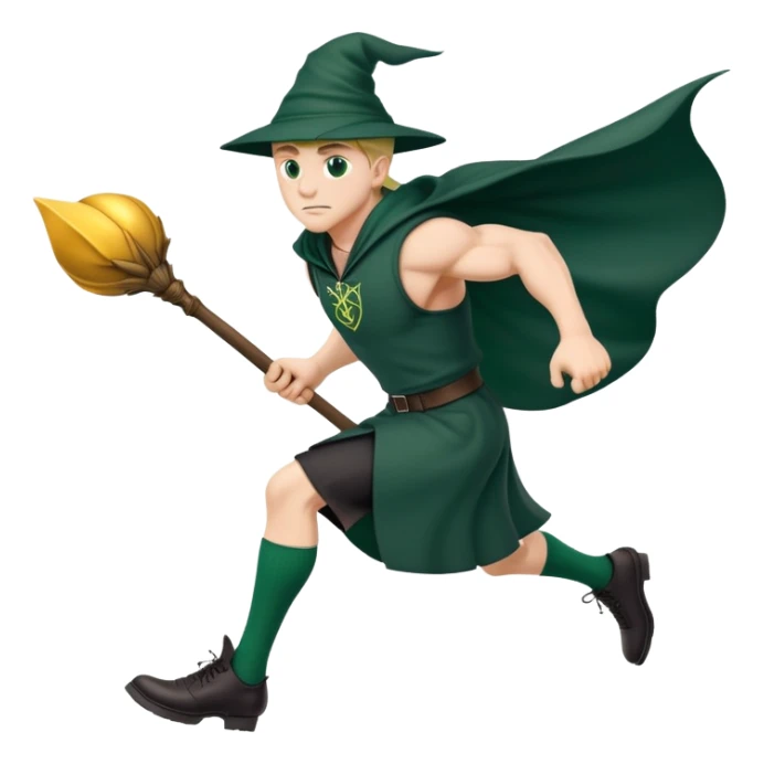 A muscular strong Slytherin student in final year without hat, sitting on a broomstick between his legs, chasing after a golden snitch sticker