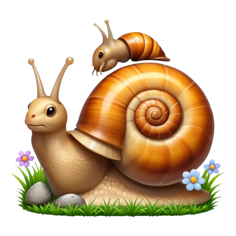 Close-up of large home snails inside a terrarium, showcasing their soft, spiral shells and glistening bodies, with a gentle light highlighting their details. With stones and grass and flowers. Transparent background. sticker