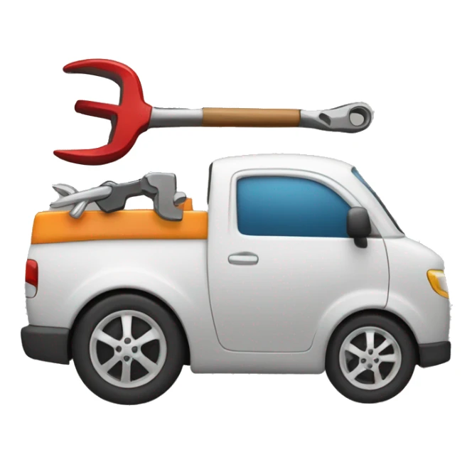 An emoji showing a car in front of a workshop, surrounded by tools (like a wrench and hammer). sticker