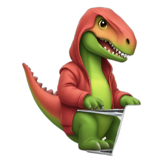 dinosaur working on a laptop with a hoodie sticker