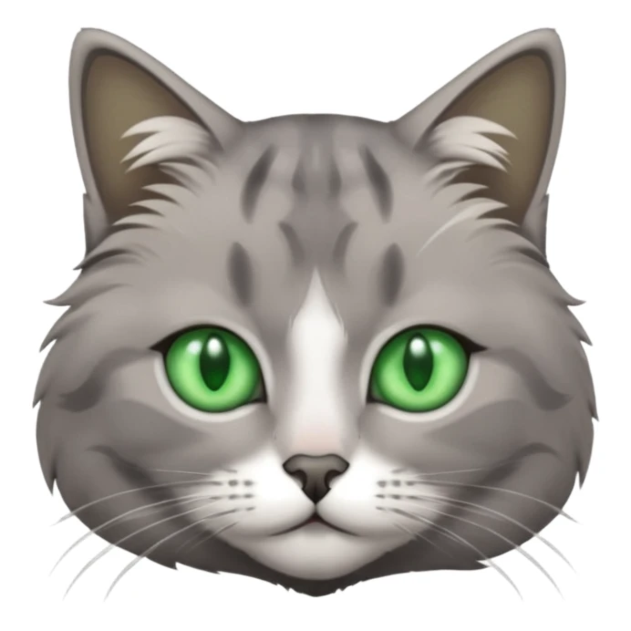 grey cat with green eyes and white stain below the blow sticker