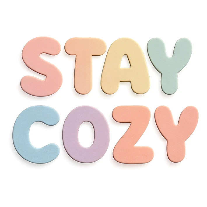 Cute kawaii style "Stay Cozy" in soft pastel rainbow rounded bubble font, no border, transparent background, paper craft style sticker