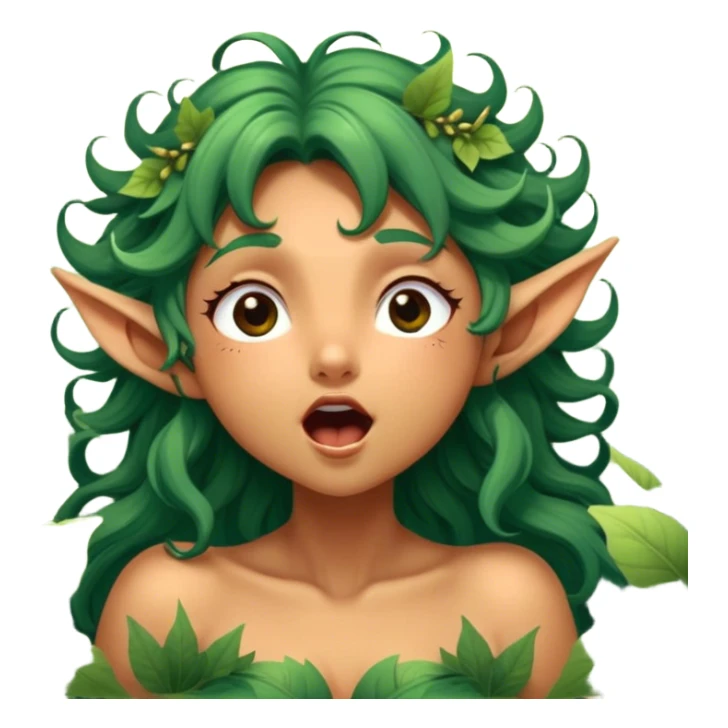 Cinematic Realistic Forest Nymph Fairy Portrait, head tilted slightly with a dramatic, wide-open yawn, revealing a tender, relaxed visage with finely detailed tanned skin and flowing, vine-adorned hair gently framing her face. Her sleepy eyes exude a serene, dreamlike quality as soft natural sunlight filters through the canopy, capturing the essence of a drowsy yet captivating forest nymph drifting into peaceful slumber. sticker