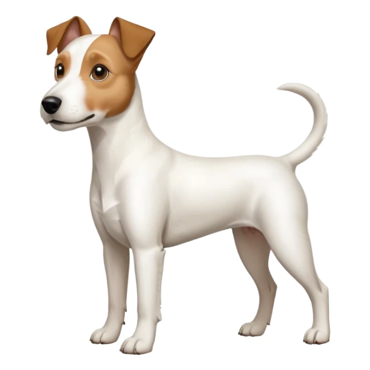 a full body large white parson russell terrier looking dog the size of a kelpie with light brown big ears and a light brown patch on one eye and a large snout sticker
