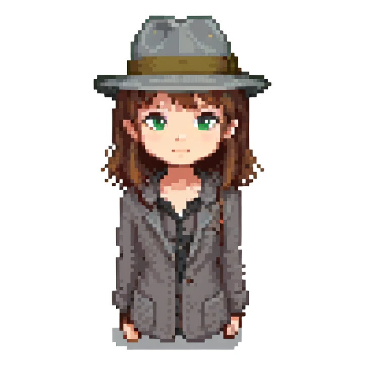 pixel art, girl with brown hair, grey fedora, facing forward sticker