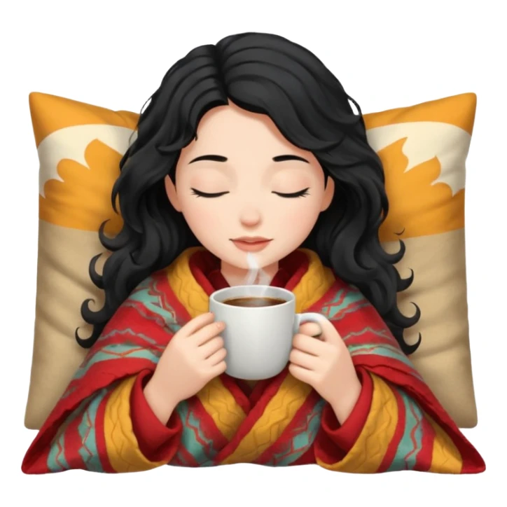 girl black hair wavy inside a blanket sipping coffee eyes closed sticker