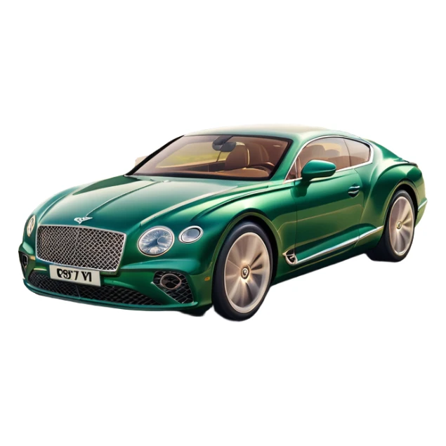Bentley Continental GT (2022) – cinematic-realistic Bentley Continental GT emoji, its deep emerald green paint reflecting the golden hour sunlight as it cruises along a coastal highway. The roar of its W12 engine builds as it accelerates, the plush leather interior offering an unmatched blend of luxury and performance. sticker