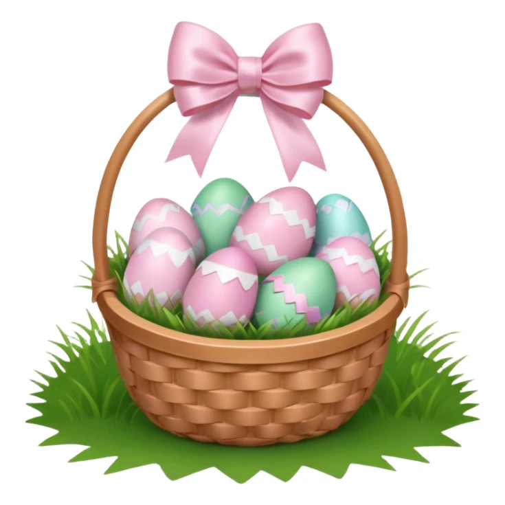 white basket full of light pink easter eggs on grass with a light pink bow sticker