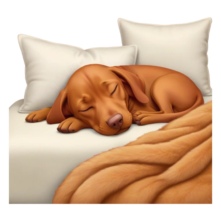 Meme-Worthy Cute Sleeping Vizsla Portrait Emoji, Head resting peacefully with a contented smile, showcasing a sleek, athletic build and a luxuriously soft rust and gold Fur, eyes shut in a serene nap, Simplified yet hilariously adorable features, highly detailed, glowing with a soft, drowsy light, high shine, relaxed and utterly lovable, stylized with an air of playful laziness, bright and heartwarming, soft glowing outline, capturing the essence of a comically sleepy companion, so meme-worthy it feels like it could instantly become the next viral sensation of adorable slumber! sticker