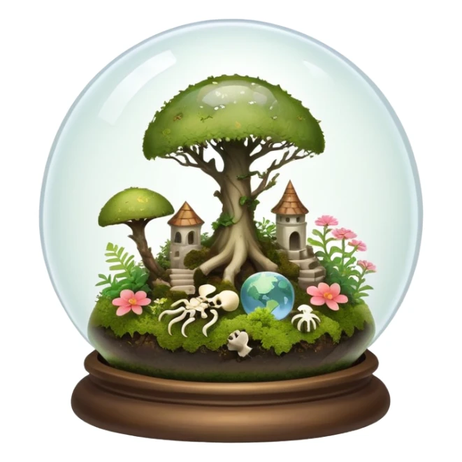 Mystical woodland glass-dome-terrarium-globe with moss inside, with bones inside, and flowers inside  sticker
