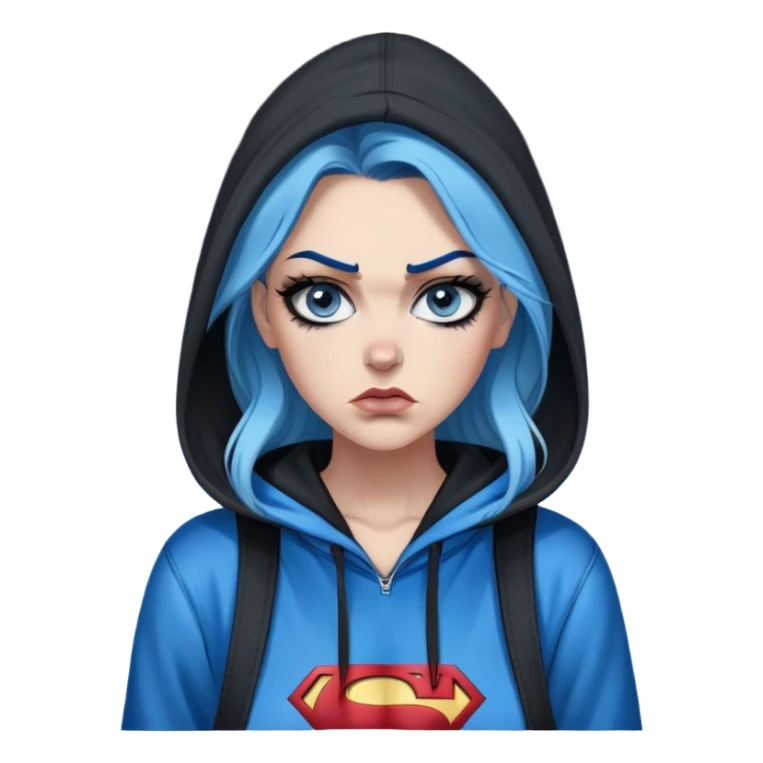 Female-Very tall-very very very large chest-really angry-waiting for a text-very long straight flat black to sky blue hair ombre-blue eyes-black eyeliner-long eyelashes-hoodie with glitter superman logo-overalls-lip pierced sticker