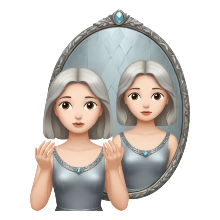 Woman facing ancient mirror, reflection slightly delayed and darker sticker