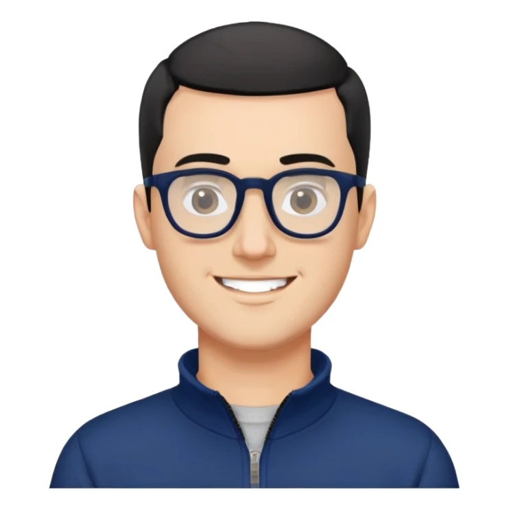 Fair-skinned man with extremely short black hair (very close buzz cut), short salt and pepper beard, large black-framed glasses, smiling, wearing navy blue long sleeve zip sweatshirt sticker