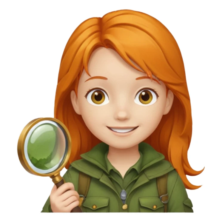 braid orange haired girl kid in moss green explorer outfit, holding magnifying glass, smile sticker