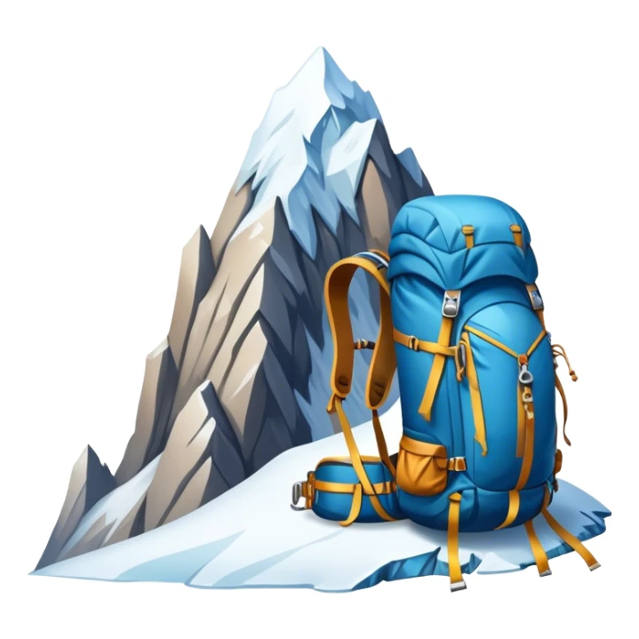 Icon for Mountain Tourism and Climbing: a mountain peak in the background, climbing gear and backpack. The icon should capture the adventure and challenge of alpine exploration. Transparent background. sticker