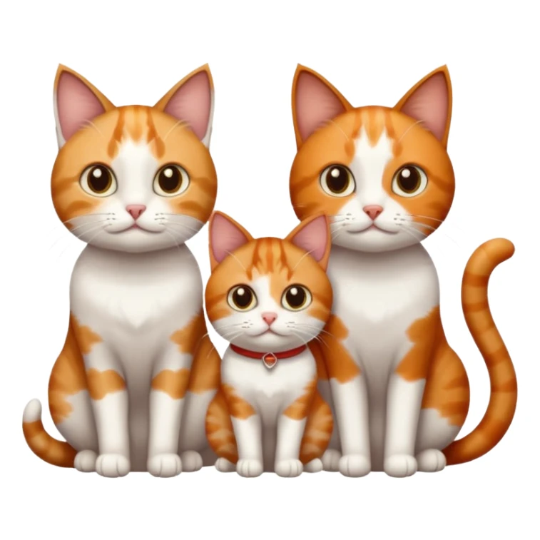3 different coloured small cats including a dark brown tabby and white, and a patchy calico, and a ginger and white sticker