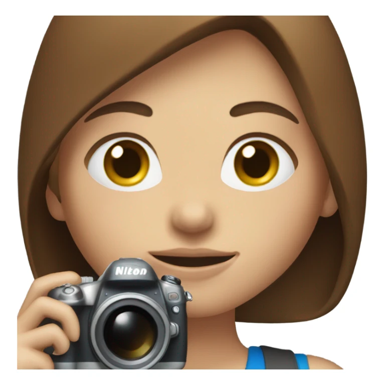 woman with brown hair and blue eyes holding a nikon camera sticker