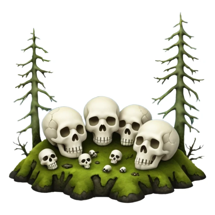 A surreal Alaskan night scape with mountains moss and moss covered trees with skulls coming out of the ground sticker