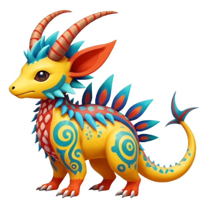 Colorful randomly-colored exotic Exotic Pokémon-Fakémon-hybrid-creature (full body) with tribal intricate splash-markings and patterns and furs and scales and spikes and fins and horns  sticker