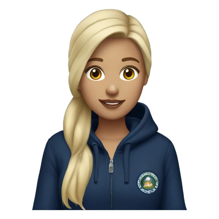 A blonde girl wearing a navy sweatsuit with Tasman uggs sticker