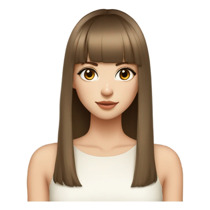 beautiful model, beige skin, light eyes, double eyelids, straight long brown hair, bangs, white top sticker