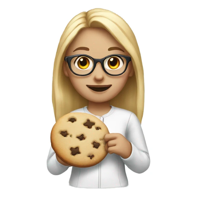girl with blonde hair and glasses holding a cookie sticker