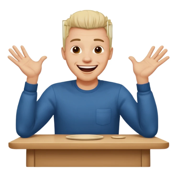 A man is laughing with his head siting on the table and his both hands are knocking the table sticker