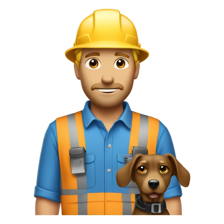 Blonde male Construction worker wearing a hat and blue work wear with small black and brown curly dog  sticker