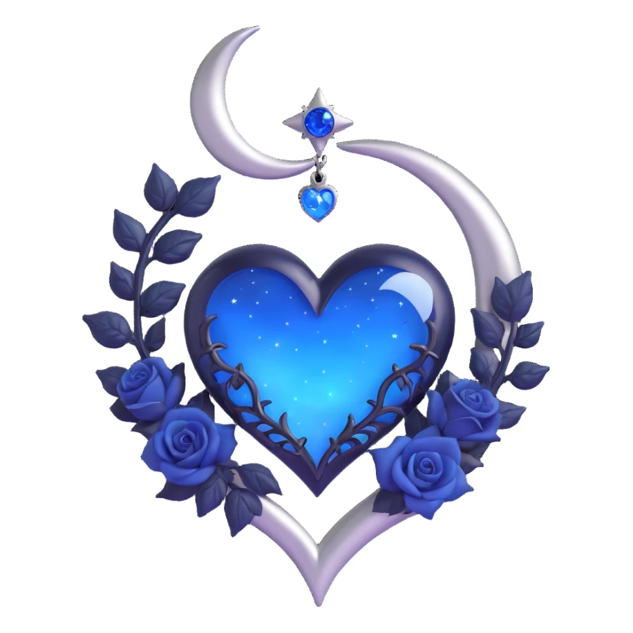 gothic heart, midnight blue glass, silver crescent moon, tiny black roses, shimmering stardust, with a glowing blue outline sticker
