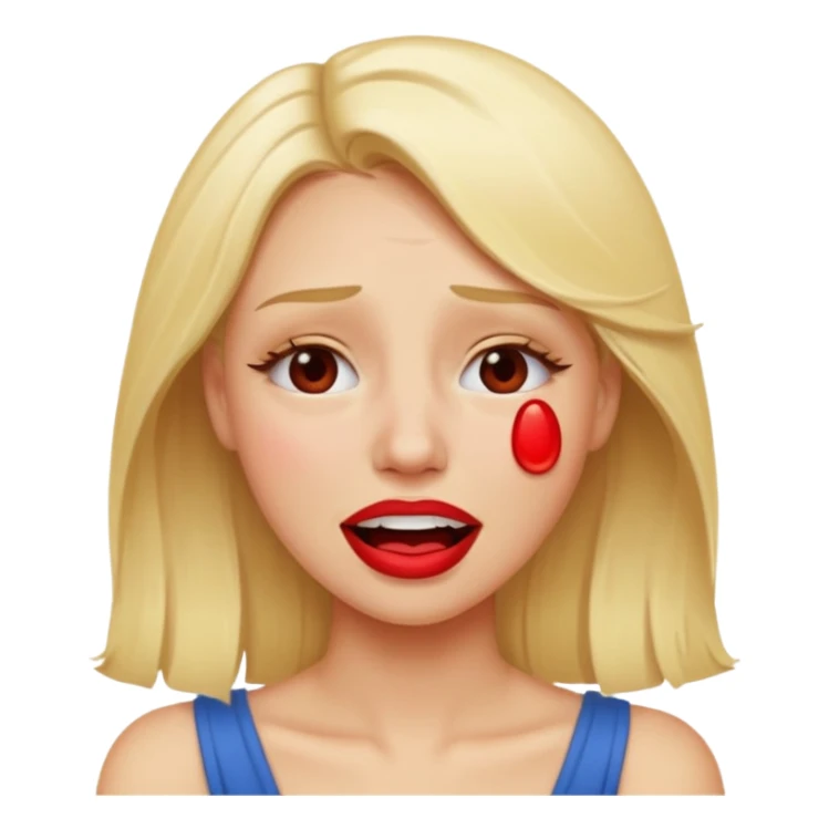 blonde having crying emoji tears from hard laughter. really happy in general, happy eyes. red lipstick sticker