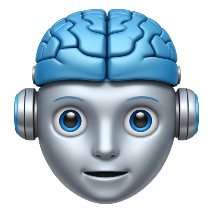 A simple emoji of a friendly robot head with a visible human brain on top, symbolizing learning AI, emoji style sticker