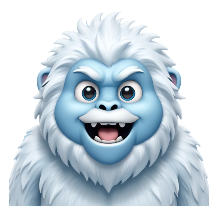Cinematic Comical Yeti Portrait Emoji, with a cartoonishly exaggerated, fluffy figure in cool, frosty whites and icy blues, head tilted in an overly surprised expression with wide, comically sparkling eyes and a quirky, open-mouthed grin, simplified yet hilariously detailed, glowing with a soft frosty outline capturing the meme-worthy fun of a yeti in playful shock! sticker
