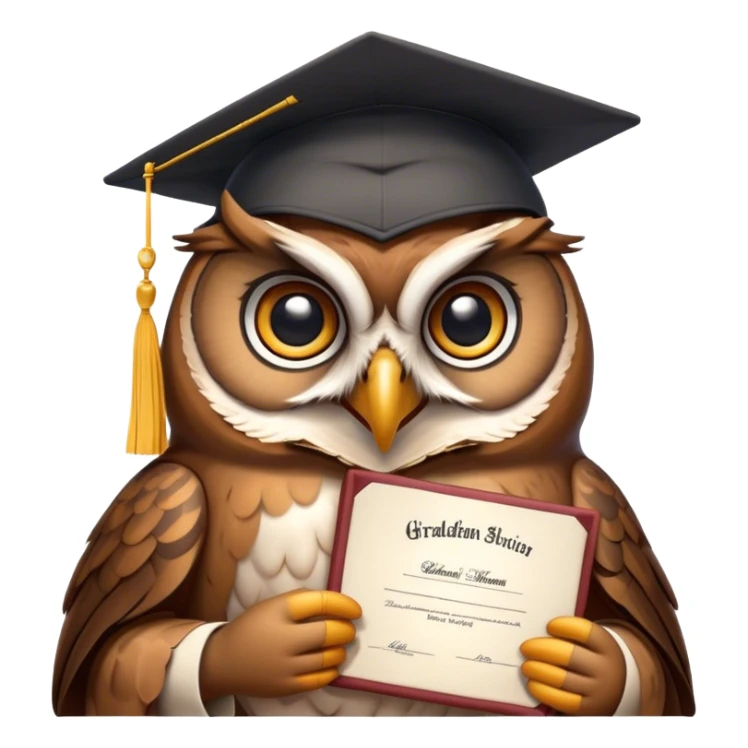Owl smiling with graduation hat and diploma in claws sticker