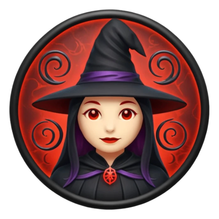iOS emoji, dark fantasy magic seal, witch symbol, web pattern, red glow, minimal clean style sticker