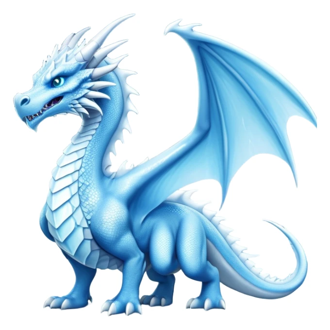 Cinematic Noble wise elegant Ice Dragon full body  Emoji, Poised and imposing, distinct long elegant snout, with a slender, scaled body shimmering in glacial hues of icy blue, frostbitten silver, and crystalline white, breathing out frost, with piercing, glowing ice blue white eyes that radiate the chilling depths of an arctic storm; rendered in detail. excuding wisdom sticker