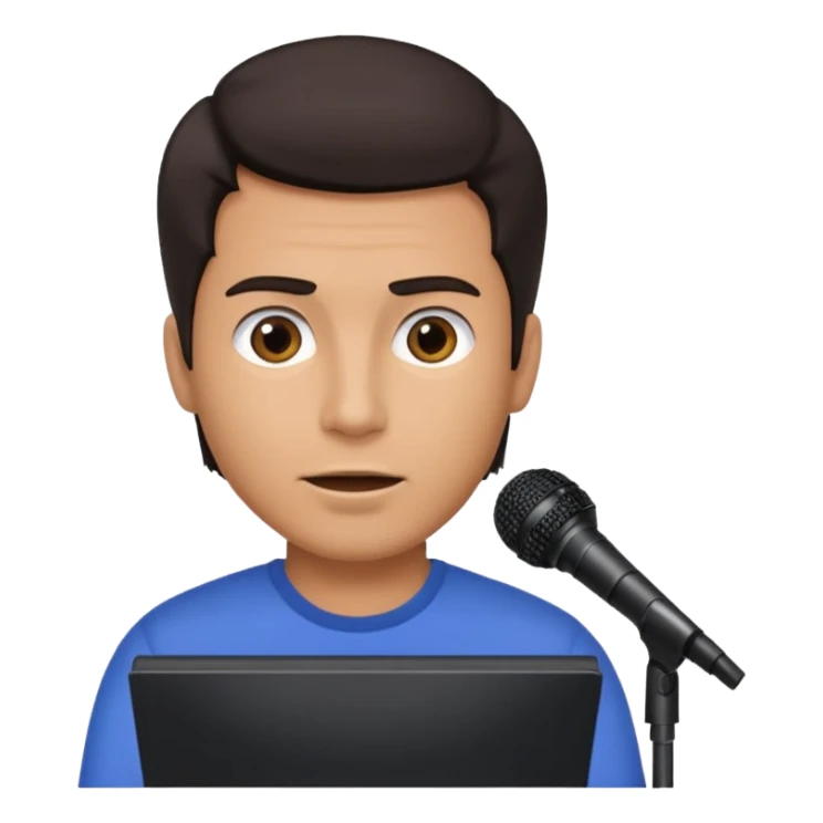 A man speaks into a microphone, and there is a prompter screen in front of him. sticker