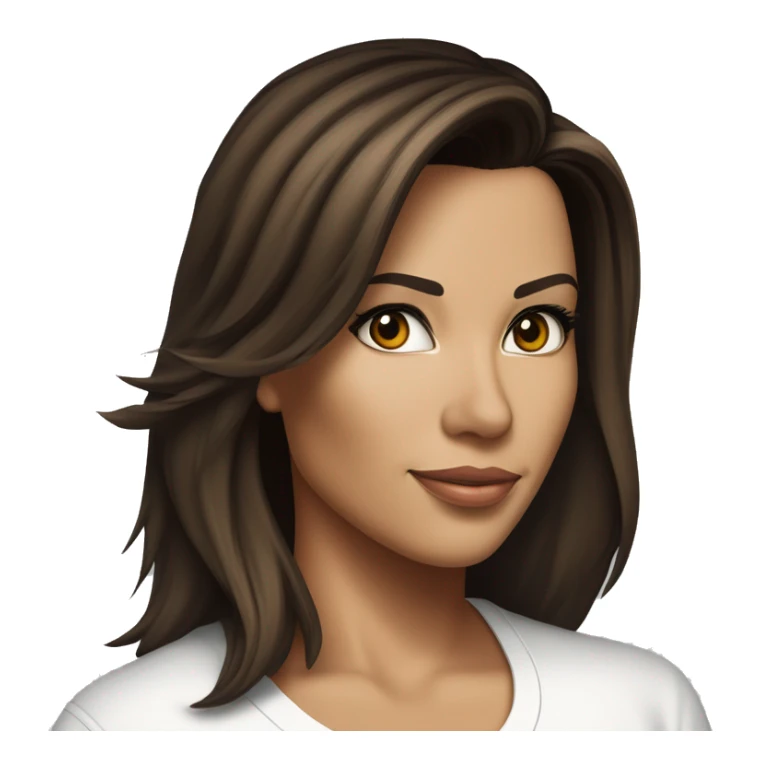 3/4 face, contrasted, shadow, light, Eva Longoria expression, standing from a distance, thin nose, brunette woman, hazel eyes, long eyelashes, dark shoulder shaded hair, white t-shirt, jeans, white sneakers sticker