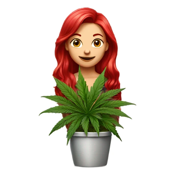 female Ruby red hair, beside marijuana plant in pot sticker