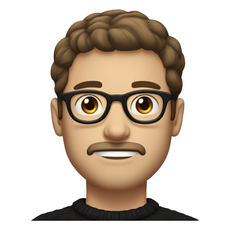 Guy, brown hair, moustache with soul patch and short beard, blue eyes, round glasses, wearing a black jumper sticker